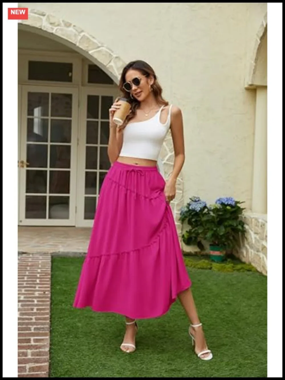 Flowy A-Line Maxi Skirt with Pockets High Waist Smocked Tiered